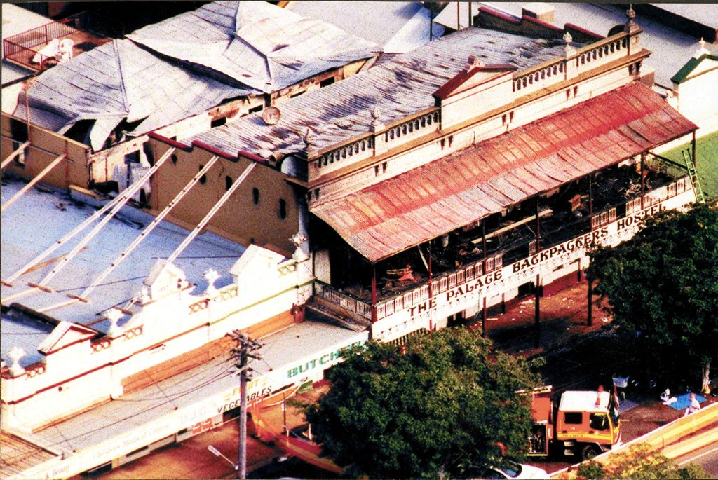 An aerial view of the Palace Backpackers hostel the day of the fire, June 23, 2000. Photo: NewsMail An aerial view of the Palace Backpackers hostel the day of the fire, June 23, 2000. Photo: NewsMail